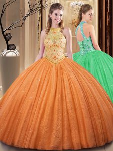 Romantic Orange Backless High-neck Embroidery and Hand Made Flower Sweet 16 Dress Tulle Sleeveless