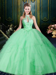 Cheap Halter Top Sleeveless Tulle Floor Length Lace Up Quinceanera Gown in Apple Green with Beading and Lace and Ruffles and Ruching