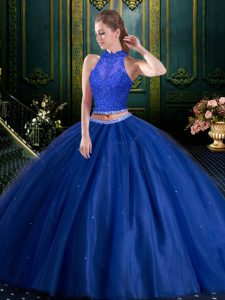Traditional Navy Blue Tulle Lace Up High-neck Sleeveless Floor Length Sweet 16 Dresses Beading and Lace