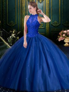 Floor Length Navy Blue Sweet 16 Dresses High-neck Sleeveless Lace Up