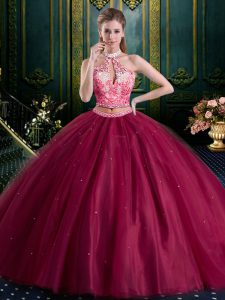 High Class Halter Top Burgundy Ball Gown Prom Dress Military Ball and Sweet 16 and Quinceanera and For with Beading and Lace and Appliques High-neck Sleeveless Lace Up