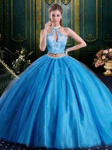 Decent Halter Top Floor Length Lace Up Sweet 16 Quinceanera Dress Baby Blue for Military Ball and Sweet 16 and Quinceanera with Beading and Lace and Appliques
