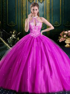 Eye-catching Halter Top Fuchsia High-neck Lace Up Beading and Lace and Appliques Quinceanera Gowns Sleeveless