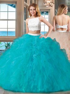 Stylish Blue Backless Straps Beading Sweet 16 Quinceanera Dress Tulle Sleeveless