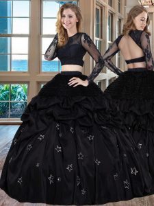 Traditional Black Two Pieces Taffeta Scoop Long Sleeves Embroidery Floor Length Backless Sweet 16 Dresses