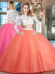 Classical Scoop Long Sleeves Tulle Floor Length Zipper Ball Gown Prom Dress in Watermelon Red with Beading and Lace
