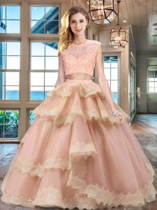 Scoop Peach Cap Sleeves Floor Length Beading and Lace and Appliques and Ruffled Layers Zipper Vestidos de Quinceanera