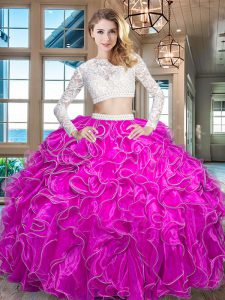 Noble Scoop Floor Length Two Pieces Long Sleeves Fuchsia Ball Gown Prom Dress Zipper