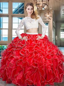 Nice Scoop Long Sleeves Organza Sweet 16 Quinceanera Dress Beading and Lace and Ruffles Zipper