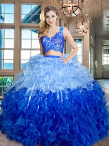 New Style Multi-color Two Pieces Organza V-neck Sleeveless Lace and Ruffles Floor Length Zipper Quinceanera Dress