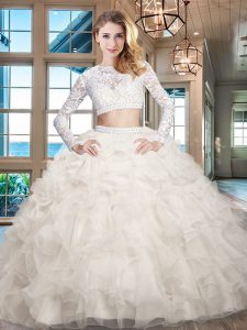 White Quinceanera Gowns Military Ball and Sweet 16 and Quinceanera and For with Beading and Lace and Ruffles Scoop Long Sleeves Zipper