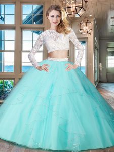Scoop Long Sleeves Tulle Floor Length Zipper Quinceanera Dress in Aqua Blue with Beading and Lace and Ruffles