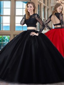 Scoop Black and Red Backless Quinceanera Dress Appliques Long Sleeves Floor Length