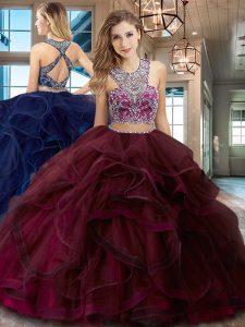 Scoop Beading and Ruffles Quince Ball Gowns Burgundy Criss Cross Sleeveless With Brush Train