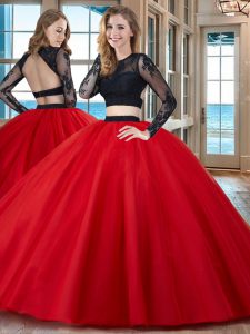 Edgy Two Pieces Quince Ball Gowns Red Scoop Tulle Long Sleeves Floor Length Backless