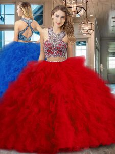 Sexy Scoop Criss Cross With Train Red Quinceanera Dress Tulle Brush Train Sleeveless Beading and Ruffles