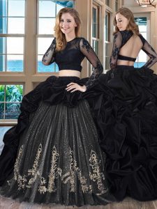 Custom Design Black Sweet 16 Dresses Military Ball and Sweet 16 and Quinceanera and For with Embroidery and Pick Ups Scoop Long Sleeves Brush Train Backless