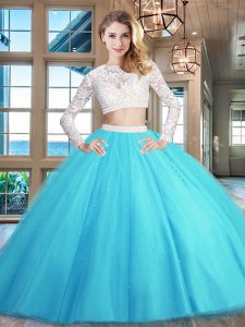 Cheap Scoop Baby Blue Two Pieces Beading and Lace Sweet 16 Quinceanera Dress Zipper Tulle Long Sleeves Floor Length