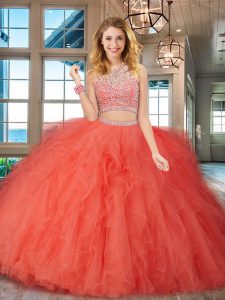 On Sale Orange Red Quinceanera Gowns Military Ball and Sweet 16 and Quinceanera and For with Beading and Ruffles Scoop Sleeveless Backless