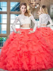 Delicate Organza Scoop Long Sleeves Zipper Beading and Lace and Ruffles Quinceanera Dress in Red