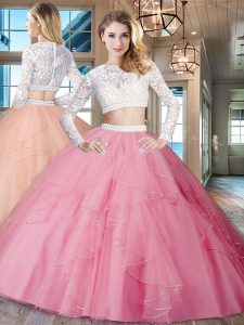 Superior Scoop Rose Pink Two Pieces Beading and Lace and Ruffles Ball Gown Prom Dress Zipper Tulle Long Sleeves Floor Length