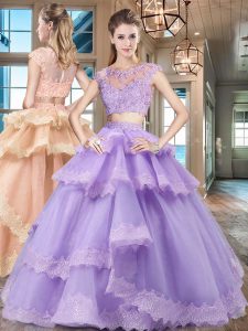 Chic Lavender Zipper Scoop Beading and Lace and Appliques and Ruffled Layers Sweet 16 Quinceanera Dress Tulle Cap Sleeves