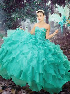 Luxurious Sweetheart Sleeveless Sweet 16 Dresses Floor Length Beading and Ruffled Layers Turquoise Organza