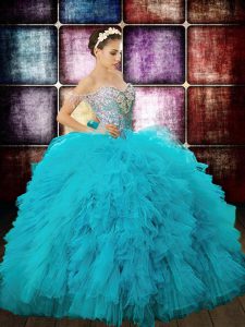 Aqua Blue Tulle Zipper Off The Shoulder Sleeveless Floor Length Quinceanera Gowns Beading and Ruffles and Sequins