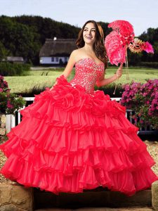 Coral Red Ball Gowns Beading and Ruffled Layers 15th Birthday Dress Lace Up Organza Sleeveless Floor Length