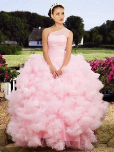 Dramatic Ball Gowns Quinceanera Gown Baby Pink One Shoulder Tulle Sleeveless Floor Length Lace Up