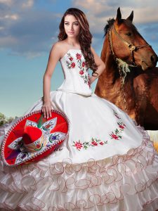 White Organza and Taffeta Lace Up Dama Dress Sleeveless Floor Length Embroidery and Ruffled Layers