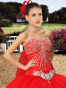 Sweetheart Sleeveless Sweet 16 Dress With Train Watteau Train Beading and Lace Red Tulle