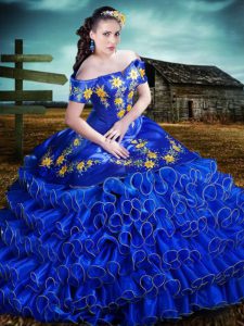 Royal Blue Sweet 16 Dresses Military Ball and Sweet 16 and Quinceanera and For with Embroidery and Ruffled Layers Off The Shoulder Short Sleeves Lace Up