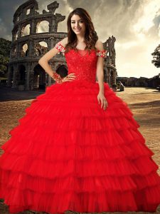 Ruffled With Train Red Quinceanera Dress Off The Shoulder Sleeveless Chapel Train Lace Up