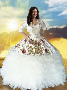 Lovely Floor Length Lace Up Quinceanera Dresses White for Military Ball and Sweet 16 and Quinceanera with Beading and Embroidery and Ruffles