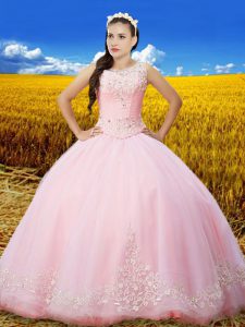 Baby Pink Scoop Lace Up Beading and Lace and Embroidery 15th Birthday Dress Sleeveless