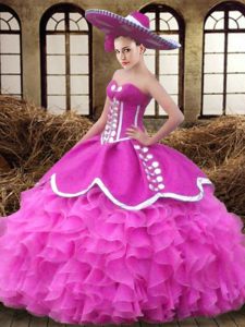 Ruffles Quinceanera Gowns Fuchsia Lace Up Sleeveless Floor Length
