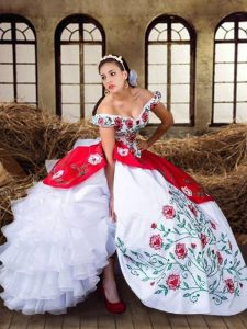 Best Organza and Taffeta Off The Shoulder Cap Sleeves Lace Up Embroidery and Ruffled Layers Quinceanera Dress in White and Red