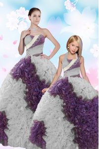 White And Purple Sleeveless Floor Length Beading and Sequins Lace Up 15th Birthday Dress