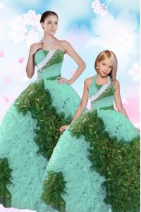 Turquoise Lace Up Sweetheart Beading and Sequins Sweet 16 Dress Fabric With Rolling Flowers Sleeveless