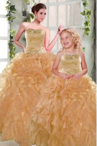 On Sale Orange Organza Lace Up Sweet 16 Dress Sleeveless Floor Length Beading and Ruffles