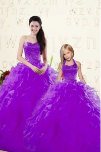 Fashionable Eggplant Purple Organza Lace Up Sweetheart Sleeveless Floor Length Quinceanera Dress Beading and Ruffles