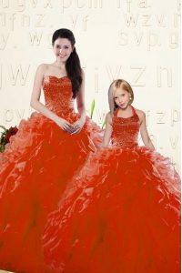 Glorious Red Lace Up Sweetheart Beading and Ruffles Sweet 16 Dress Organza Long Sleeves