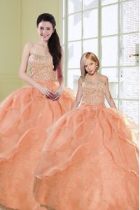 Floor Length Lace Up 15th Birthday Dress Orange for Military Ball and Sweet 16 and Quinceanera with Beading and Sequins