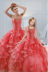 Dramatic Sleeveless Floor Length Beading and Ruffled Layers Lace Up Sweet 16 Dress with Coral Red