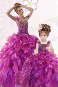 Affordable Fuchsia Ball Gowns Organza Sweetheart Sleeveless Beading and Ruffles Floor Length Lace Up Vestidos de Quinceanera