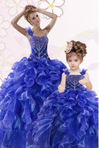 One Shoulder Royal Blue Sleeveless Beading and Ruffles Floor Length 15 Quinceanera Dress