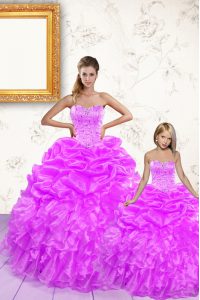 Lilac Ball Gowns Organza Sweetheart Sleeveless Beading and Ruffles and Pick Ups Floor Length Lace Up Quince Ball Gowns