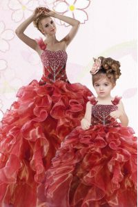 Shining One Shoulder Coral Red Sleeveless Floor Length Beading and Ruffles Lace Up Quinceanera Dress