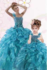 Beauteous Floor Length Teal Sweet 16 Dress One Shoulder Sleeveless Lace Up